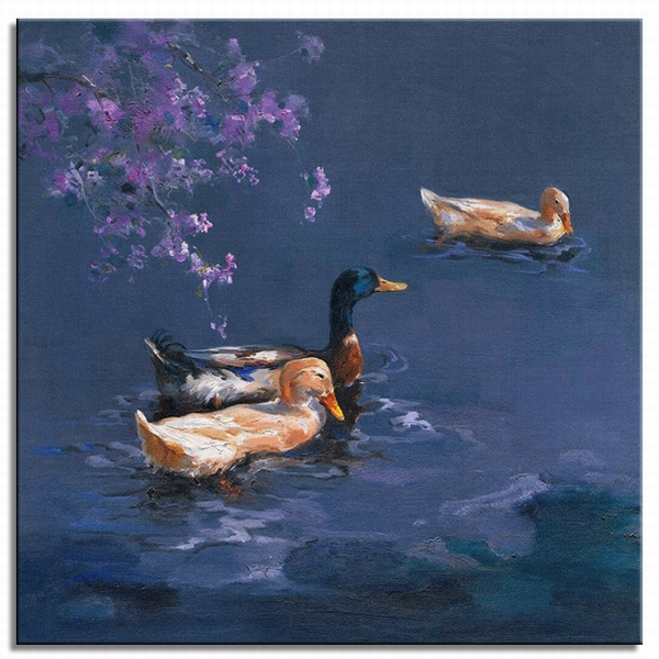 Ducks in the water, blossom.