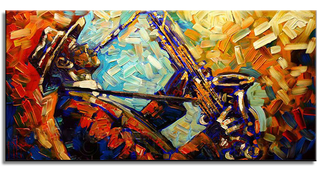 Muzikant met saxofoon schilderij