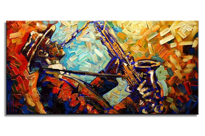 Muzikant met saxofoon schilderij