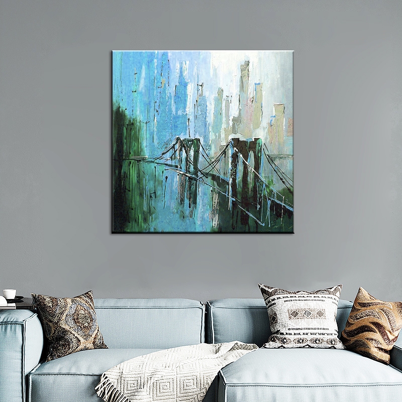 De Brug abstract city stadsgezicht schilderij in blauw