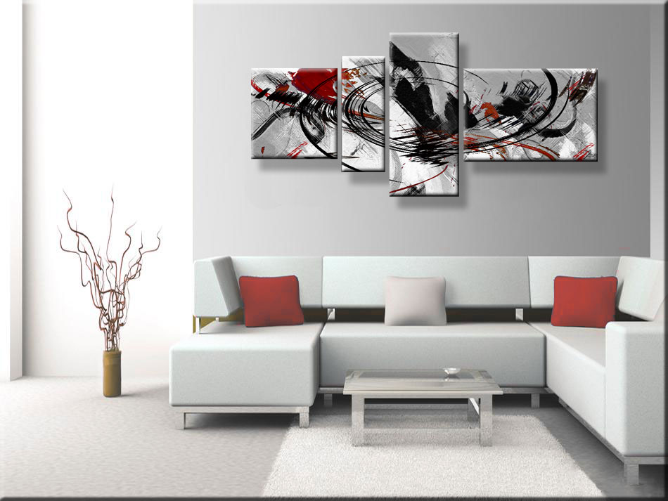 Abstract schilderij met rood, zwart, wit en grijs. Geschilderd. Aan de wand of muur boven de bank in de woonkamer