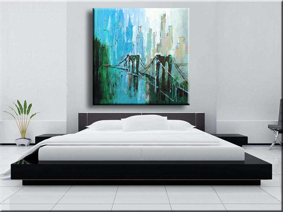De-Brug-abstract-city-stadsgezicht-schilderij-in-blauw-online-interieurfoto